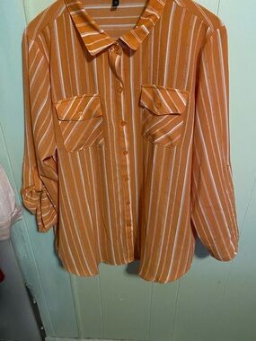 Women's Orange Striped Button-Up Blouse